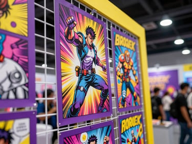 Close-up of vibrant hand-painted comic art prints displayed on a convention grid wall, electric purple and yellow accents, bustling background