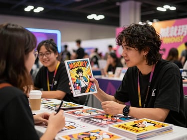 A passionate indie comic creator presenting their colorful graphic novel to a smiling fan at a decorated table, warm ambient glow