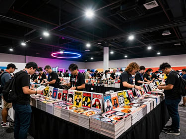 Wide shot of a bustling comic book vendor booth with longboxes, collectors flipping through backissues under dramatic convention spotlights