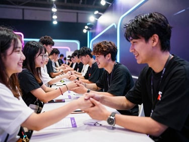 Wide-angle vibrant shot of fans lining up at a neon-lit autograph booth, celebrity smiling and shaking hands, 35mm.