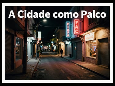 Podcast cover art for 'A Cidade como Palco', featuring a high-contrast street scene at night, neon lights, 35mm film grain, bold black border.