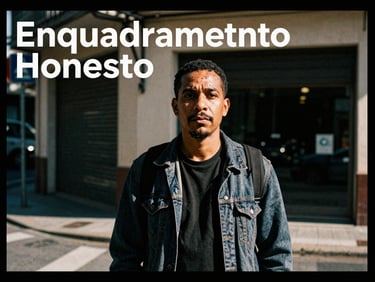 Podcast cover art for 'Enquadramento Honesto', featuring a candid street portrait, harsh shadows, urban textures, 35mm film grain, bold black border.