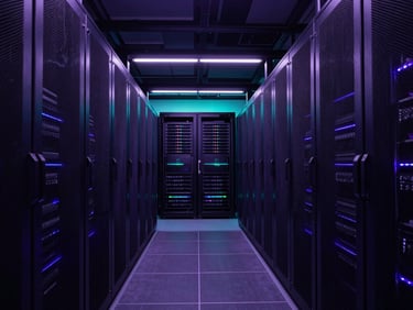 Wide, symmetrical architectural shot of a modern data center, sharp violet edge-lighting, deep shadows.