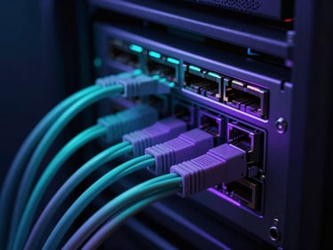 Close-up of a server rack's network cables, glowing cyan and purple, clean cable management, dark slate background, low-key dramatic studio lighting