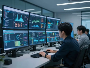 Professional system engineer analyzing complex data screens in a high-tech control room, cool blue ambient lighting, modern corporate setup, 35mm