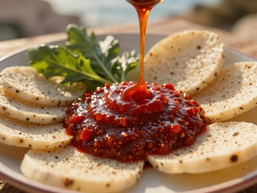 Glossy, deep red spicy sauce drizzled over fresh ingredients, dynamic composition, warm Mediterranean daylight, shallow depth of field, 35mm.