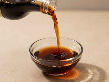 Dark, clear artisanal soy sauce being poured into a small glass dish, sunlit reflections, minimalist setting, shallow depth of field, 35mm.