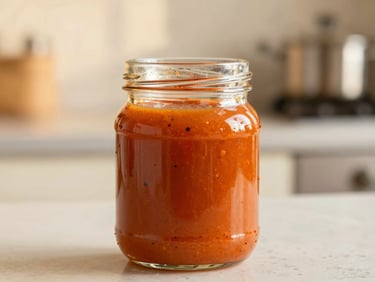 Smooth orange-red sweet and spicy sauce in a professional glass jar, soft focus, bright kitchen background, shallow depth of field, 35mm.