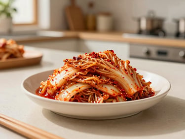 Crisp napa cabbage kimchi coated in bright red chili flakes, styled in a clean modern kitchen with natural light, shallow depth of field, 35mm.