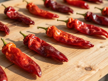 Close-up of vibrant red peppers drying under the Mediterranean sun on a warm pine wooden surface, shallow depth of field.