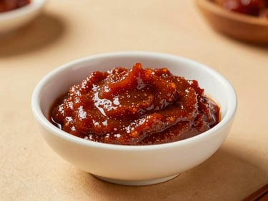 Warm editorial photography of rich crimson Gochujang paste in a clean white porcelain bowl, soft golden-hour side lighting, shallow depth of field, 35mm.
