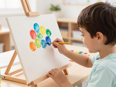Candid medium shot of a young child smiling while painting with vibrant watercolors on a low wooden easel, bright sunlit classroom setting, shallow depth of field.