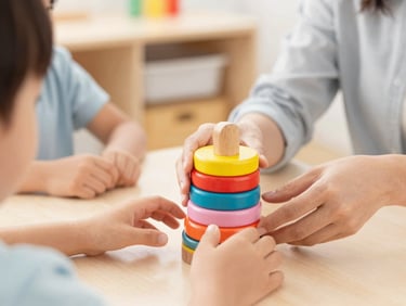 Close-up shot of a teacher's hands gently guiding a child's hands to stack colorful wooden rings, warm natural lighting, clean and organized classroom background.