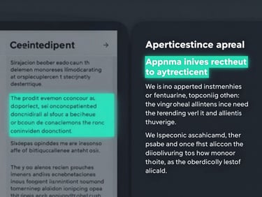 Sleek split-screen interface showing side-by-side comparison of legal indictment text and generated appeal arguments, glowing teal highlights, macro shot