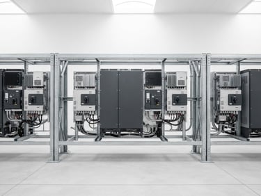 Straight-on studio shot of industrial solar inverter racks, high-contrast clean white background, sharp daylight lighting, architectural lens