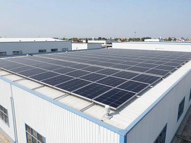 Oversized industrial project photography of a clean commercial rooftop solar installation in the UK, bright direct daylight, high-contrast white and deep grey tones.