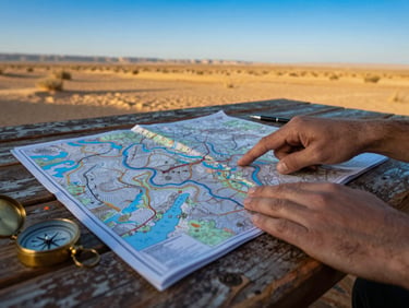 Close-up of a hand pointing at a detailed topographical map with blue water lines, a compass, and a pen, on a weathered wooden table, under natural light