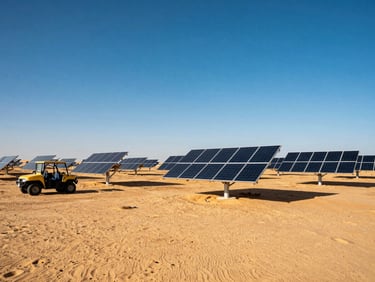 Modern solar panel array on a remote desert property, clear blue sky, utility vehicle parked nearby, high-contrast midday sun