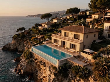 Cinematic drone sweep of a coastal villa cliffside pool at golden hour, rich warm tones.