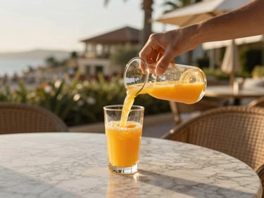 Close-up of a hand pouring fresh orange juice on a marble terrace table, sun-drenched resort background.