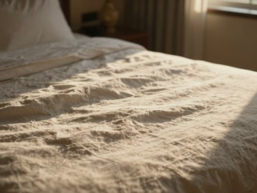 Cinematic close-up of sun-drenched linen sheets in a luxury resort bedroom, soft morning light, shallow depth of field.