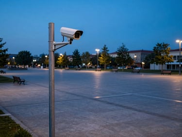 Overhead corner perspective of a public square at dusk, a pole-mounted surveillance camera in the foreground left, wide empty plaza with distant benches and street lighting below, cool blue-hour ambient light, no pedestrians