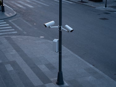 Overhead perspective of a surveillance camera affixed to a public lamppost at a city intersection, wide shot showing empty pedestrian plaza below at dawn, cool grey-blue ambient light, geometric paving stones receding into distance