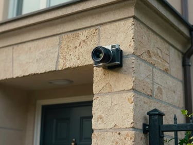 Corner-angle shot of a compact camera mounted above a residential front door, warm stone facade with a recessed entryway below, cool diffused daylight, no people present, emphasis on the camera's sightline toward the garden gate