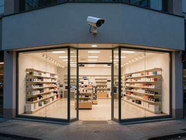 Wide environmental shot of a surveillance camera mounted high on the interior corner of an empty retail storefront after hours, cool overhead lighting, visible shelving and entrance door below, camera sightline framing the shop floor