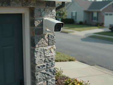 Corner-angle shot of a compact surveillance camera mounted above a residential front door, viewed from the camera's sightline looking down at a quiet suburban entrance path, cool natural daylight, empty driveway, precise shadows on stone facade