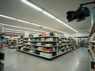Wide-angle view from a ceiling corner of an empty retail storefront after closing hours, a camera mounted in the upper-right corner with its lens facing the full shop floor, cool fluorescent light casting even shadowless illumination across product shelving