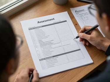 Overhead view of a speaking assessment rubric printout beside a teacher's handwritten notes, warm desk surface, soft side lighting from a window