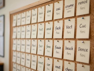 Close-up of a classroom vocabulary chart pinned to a cork board, hand-labeled word cards in French arranged in tidy rows, warm ambient light