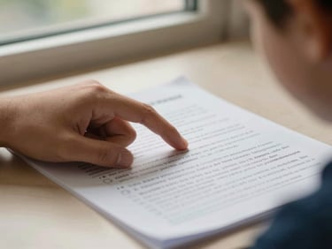 Close-up of a student's hand pointing at a printed Spanish listening activity worksheet on a desk, a transcript excerpt visible, soft warm natural light from a nearby window