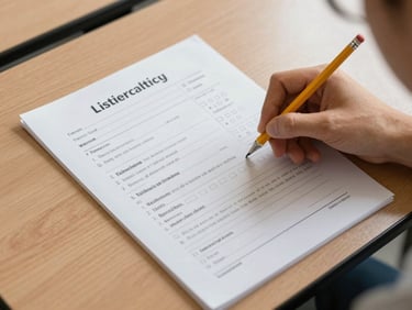 Overhead shot of a listening worksheet on a classroom desk with a student's pencil mid-answer, natural light, warm paper surface