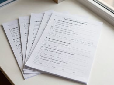 Overhead shot of printed Spanish reading comprehension worksheets stacked neatly on a light surface, natural window light, clean and organized