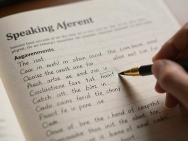 Close-up overhead of a printed speaking assignment card with handwritten student notes in pencil, warm paper texture, soft window light
