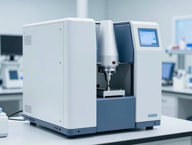 A high-tech inductively coupled plasma spectrometer in a bright, modern clinical laboratory, clean white surfaces, sharp focus on the analytical chamber, cool blue lighting.