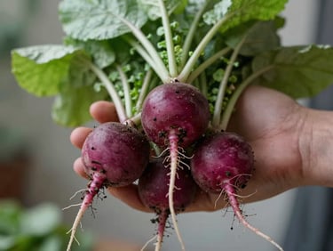 Macro shot of fresh organic radishes with soil still on them, held by farmer hands under soft natural light, shallow depth of field
