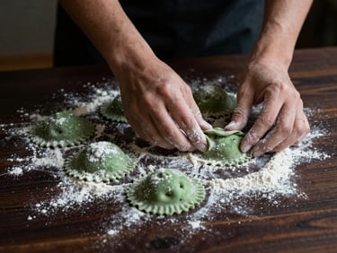 Close-up of hands dusting flour over fresh handmade pasta on a dark wooden table, soft dramatic side-light, 35mm