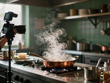 Behind-the-scenes camera setup in a warm, bustling restaurant kitchen, steam rising softly from a copper pan, natural warm lighting, 35mm.