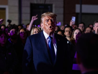 Candid shot of a political figure speaking intensely at a rally, high contrast, dramatic shadows, raw urban lighting, electric violet filter
