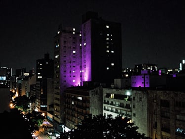 Raw urban landscape of Buenos Aires at night, harsh artificial light, deep shadows, 35mm film grain, electric violet reflections