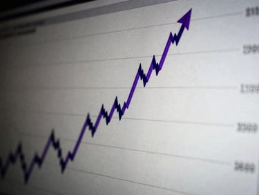 Close-up of a financial chart with a sharp upward trend, gritty documentary photography, high contrast, deep shadows, electric violet accents