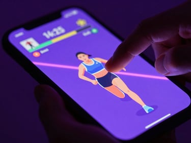 Macro close-up of a mobile screen displaying a neon-tinged runner game, high-contrast violet backlighting, fingers interacting with the screen.