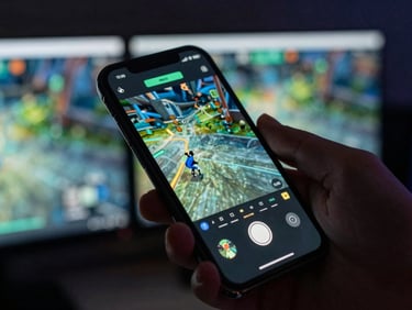 Macro close-up of a mobile screen in hand displaying real-time gameplay loops, high-contrast neon-tinged backlighting, dual monitor workspace visible in the dark background.