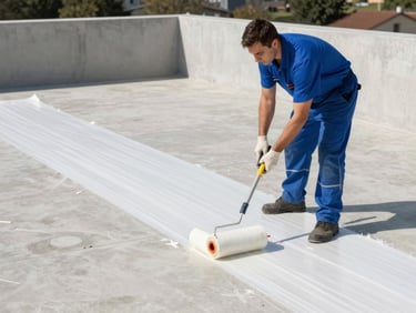A professional technician applying a thick white elastomeric waterproofing membrane to a spacious concrete villa terrace with a roller, bright midday sun