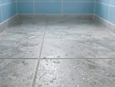 A modern, clean bathroom floor with water droplets beading perfectly on the tile joints, showing hydrophobic protection, crisp focus