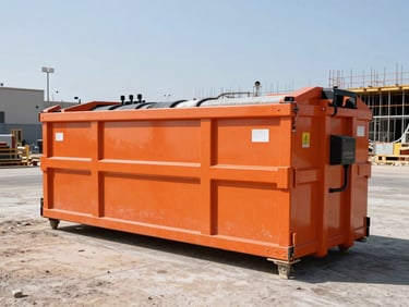Clean safety-orange 20-yard roll-off dumpster on an active construction site in Long Beach, bright midday sun, industrial photography.