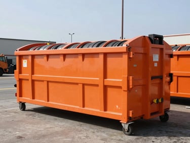 Clean safety-orange 30-yard roll-off dumpster at a commercial location in Long Beach, bright midday sun, industrial photography.